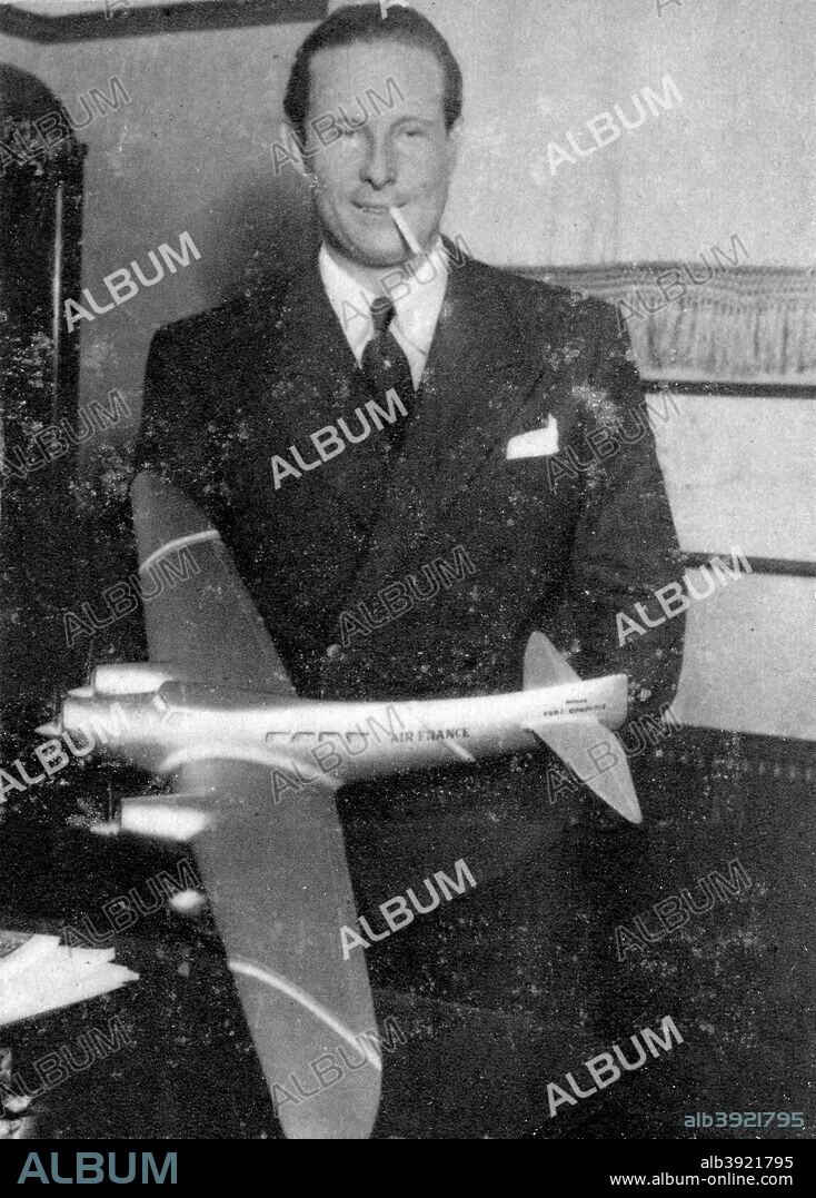 Jean Mermoz, French pilot, 1935. Mermoz (1901-1936) was a pioneering airmail pilot, flying between France and Africa and South America. He disappeared over the sea during a flight in December 1936. A photograph from Album de Photographies, Dans L'Intimite de Personnages Illustres, 1850-1950, Editions MD, 22 Rue de L'Arcade, Paris 8, 1850-1950.
