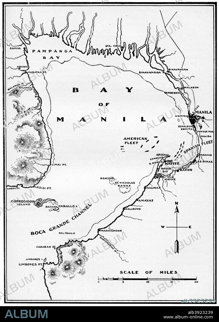 Battle of Manila Bay, Philippines, Spanish-American War, 1898. The battle, the first major engagement of the war, resulted in the destruction of the Spanish Pacific Squadron by the US Navy's Asiatic Squadron commanded by Admiral George Dewey. A print from Our Country in War and Relations with All Nations, by Murat Halstead, The United Subscription Book Publishers of America, 1898.