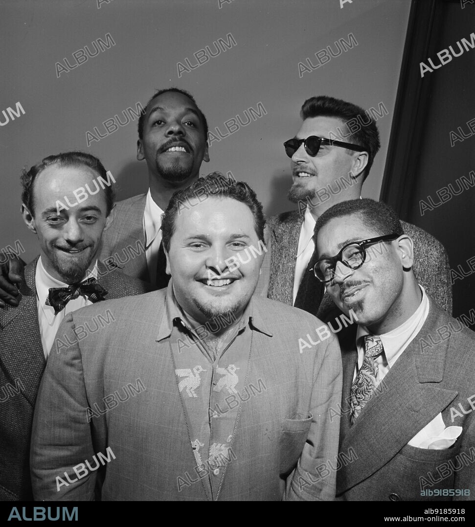 WILLIAM PAUL GOTTLIEB. Portrait of Dave Lambert, John Simmons, Chubby Jackson, George Handy, and Dizzy Gillespie, William P. Gottlieb's office, New York, N.Y., ca. July 1947.