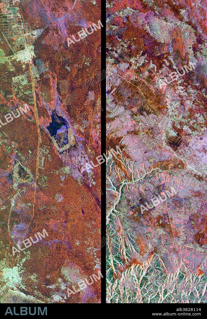 Great wall of China, satellite images. These images show two segments of the wall, both in a desert in north-Central China. The wall is the thin orange line running vertically in the left image and from upper centre left to lower right in the right image. These segments of the wall were built in the 15th century, during the Ming Dynasty and measure between 5 and 8 metres tall. The combined length of these two segments is 150 kilometres. At the centre of the left image are dry lake beds (blue) that have been developed for salt extraction. Image taken by the Spaceborne Imaging Radar aboard the Space Shuttle Endeavour.