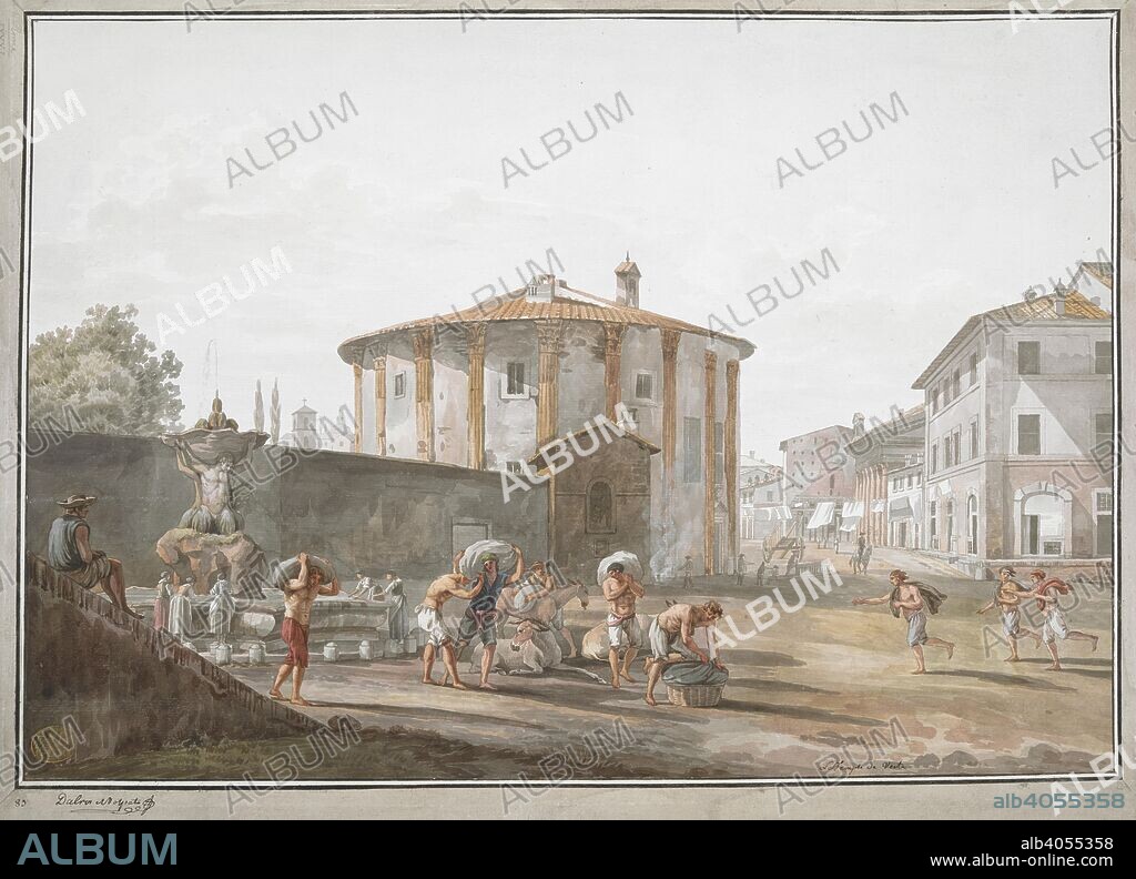 View of the Temple of Hercules Victor, formerly believed to be the Temple of Vesta, in the Forum Boarium in Rome, from what is now called Piazza Bocca della VeritÃ . Women drawing water from the Fountain of the Tritons on the left and a group of men collecting heavy sacks in the foreground, clothes hanging to dry across the street in the background. Le Temple de Vesta. [Rome] : [Giovanni Volpato], [between 1780 and 1789]. Hand-coloured etching, with watercolour and gouache. Source: Maps K.Top.81.43.c. Language: French.