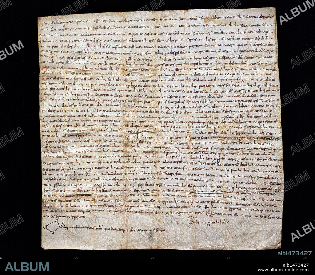 "DONACION EXPONSALICIA DE RAMON BERENGUER I EL VIEJO A ALMODIS DE LA MARCA" (siglo XI). Pergamino que narra la donación de la decena parte de los bienes del CONDE (Condados de Girona y Barcelona, Castillos de Osona, Cervera y Tàrrega y la recaptación de impuestos de la taifa musulmana de Lleida) a ALMODIS DE LA MARCA, con la que se casó hacia 1052. Archivo de la Corona de Aragón. Barcelona. Cataluña.