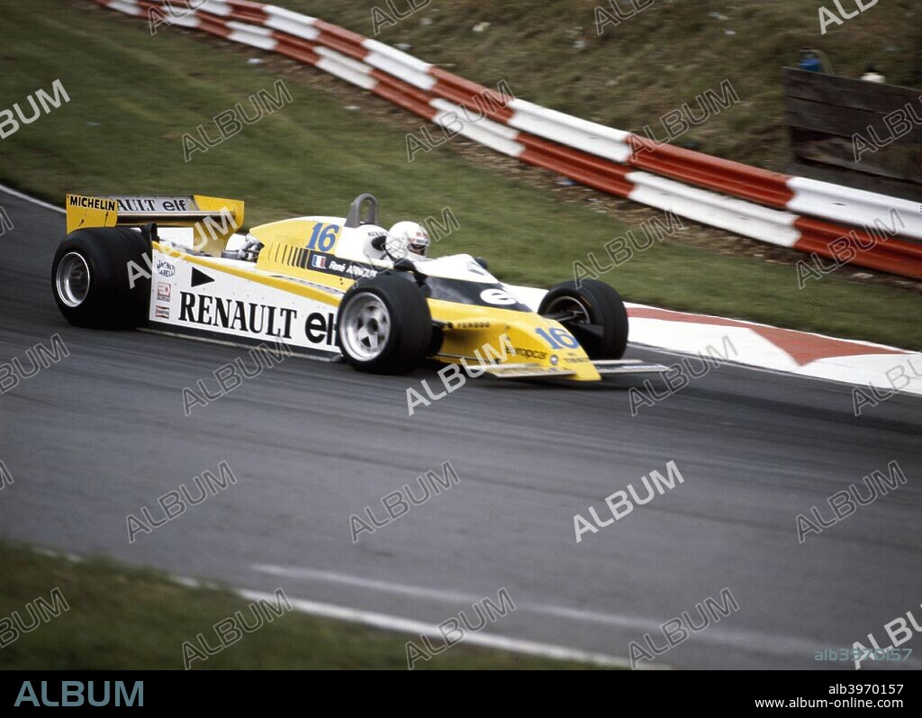 Rene Arnoux racing a Renault RE20, British Grand Prix, Brands Hatch, 1980. He was a member of the factory Renault turbo team from 1979 to 1982, and won the French Grand Prix in 1982. In 1983 he joined Ferrari, winning the 1983 Canadian, German and Dutch Grands Prix. He continued with Ferrari until shortly after the 1985 Brazilian Grand Prix. In 1986 he drove for Ligier with whom he stayed until the end of 1989.
