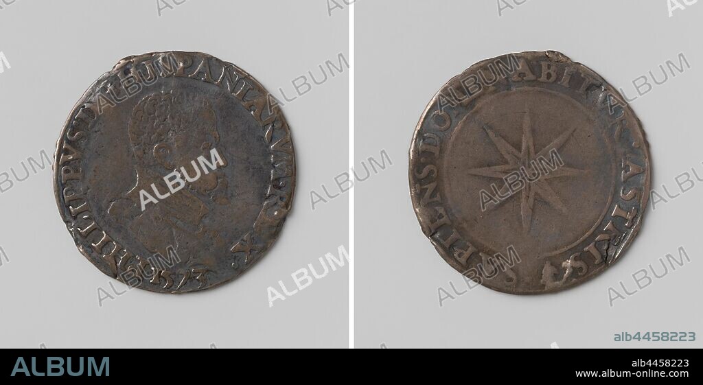 Appearance of a Comet, Counting Medal in Honor of Philip II, King of Spain, Silver Medal. Front: man's bust inside the inside. Reverse: eight-pointed star within a circle, Netherlands, Philip II (King of Spain), anonymous, Antwerp, 1573, silver (metal), striking (metalworking), d 2.8 cm × w 4.61 gr.