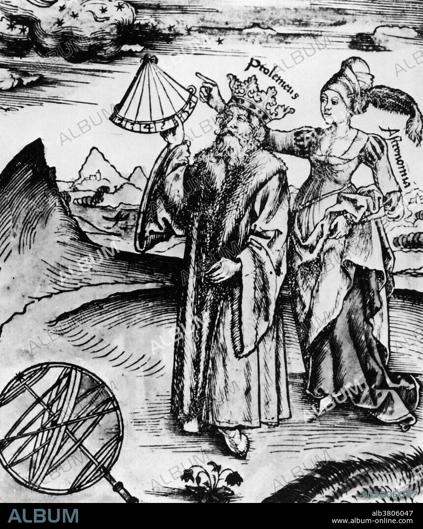 Ptolemy using a quadrant and being guided by the muse Astronomy. Claudius Ptolemy (90-168 AD), was a Greek-Roman citizen of Egypt (Claudius is a Roman name and Ptolemaeus is a Greek name). He was a mathematician, astronomer, geographer, astrologer, and poet of a single epigram in the Greek Anthology. Ptolemy was the author of several scientific treatises. His astronomical treatise, the Almagest, is the only surviving comprehensive ancient treatise on astronomy. Ptolemy's other main work is his Geographia, a compilation of what was known about the world's geography in the Roman Empire during his time. His astrological treatise, a work in four parts, is known by the Greek term Tetrabiblos, or the Latin equivalent Quadripartitum: Four Books in which he attempted to adapt horoscopic astrology to the Aristotelian natural philosophy of his day. It was used and consulted for over 1000 years. Ptolemy also wrote an influential work, Harmonics, on music theory and the mathematics of music. Few details of Ptolemy's private life are known for certain. From the Margarita philosophica (Pearl of Wisdom) of Gregor Reisch (1467 - 1525). The first edition was published in 1503.