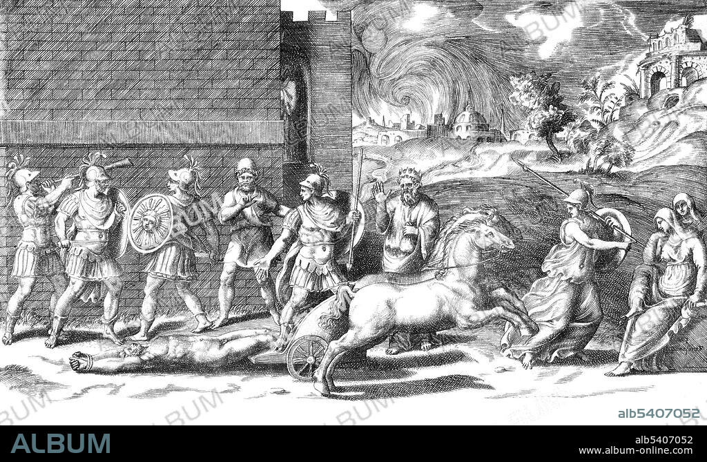 Achilles dragging the body of Hector around Troy. In Greek mythology, Achilles was a Greek hero of the Trojan War. Legends state that Achilles was invulnerable in all of his body except for his heel. Hector was a Trojan prince and the greatest fighter for Troy. Achilles defeated Hector in combat, tied him to his chariot and drove his fallen enemy through the dust to his camp. For the next twelve days, Achilles mistreated the body, but it remained preserved from all injury by Apollo and Aphrodite. Engraving (cropped and converted to bw) by Giulio Bonasone, 1531-76.