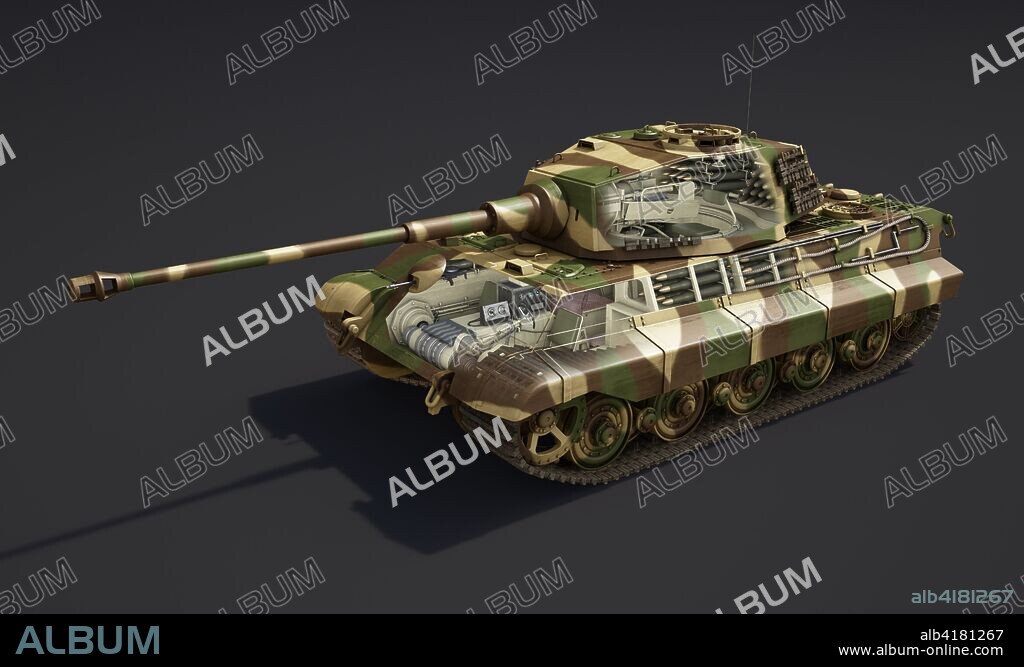 Tiger II. Ilustración de un tanque alemán fabricado durante la Segunda Guerra Mundial entre los años 1944 y 45, pintado con el camuflaje exhibido en la batalla de las Ardenas y en algunas unidades destinadas a Normandía. Versión que muestra el interior del tanque y los puestos del conductor, operador de radios, artillero, cargador y comandante.