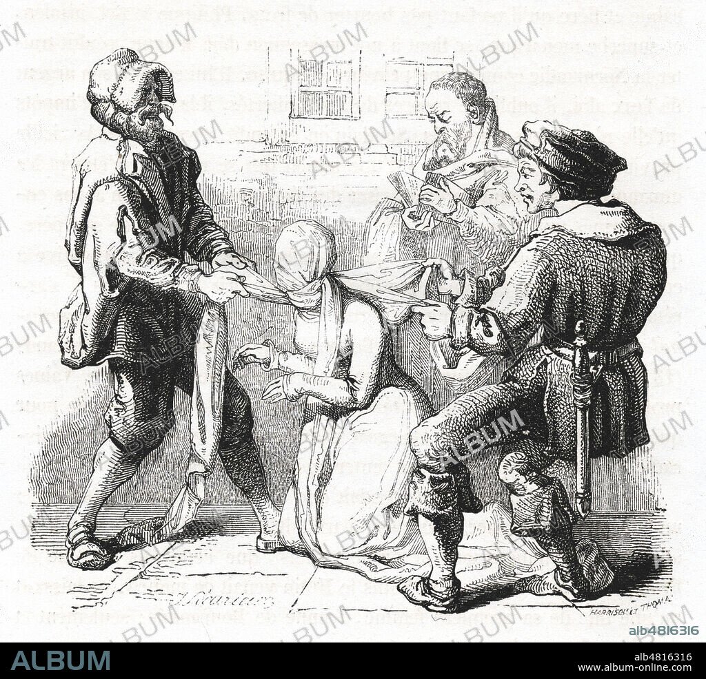 1325 : Marguerite de BOURGOGNE (1290-1325) etranglee a Chateau-Gaillard sur ordre de son mari LOUIS X le Hutin pour cause d'adultere. Illustration de 1862 par LECURIEUX pour La Normandie par Jules JANIN (1804-1874) . Credit : Coll. Jonas/KHARBINE-TAPABOR.