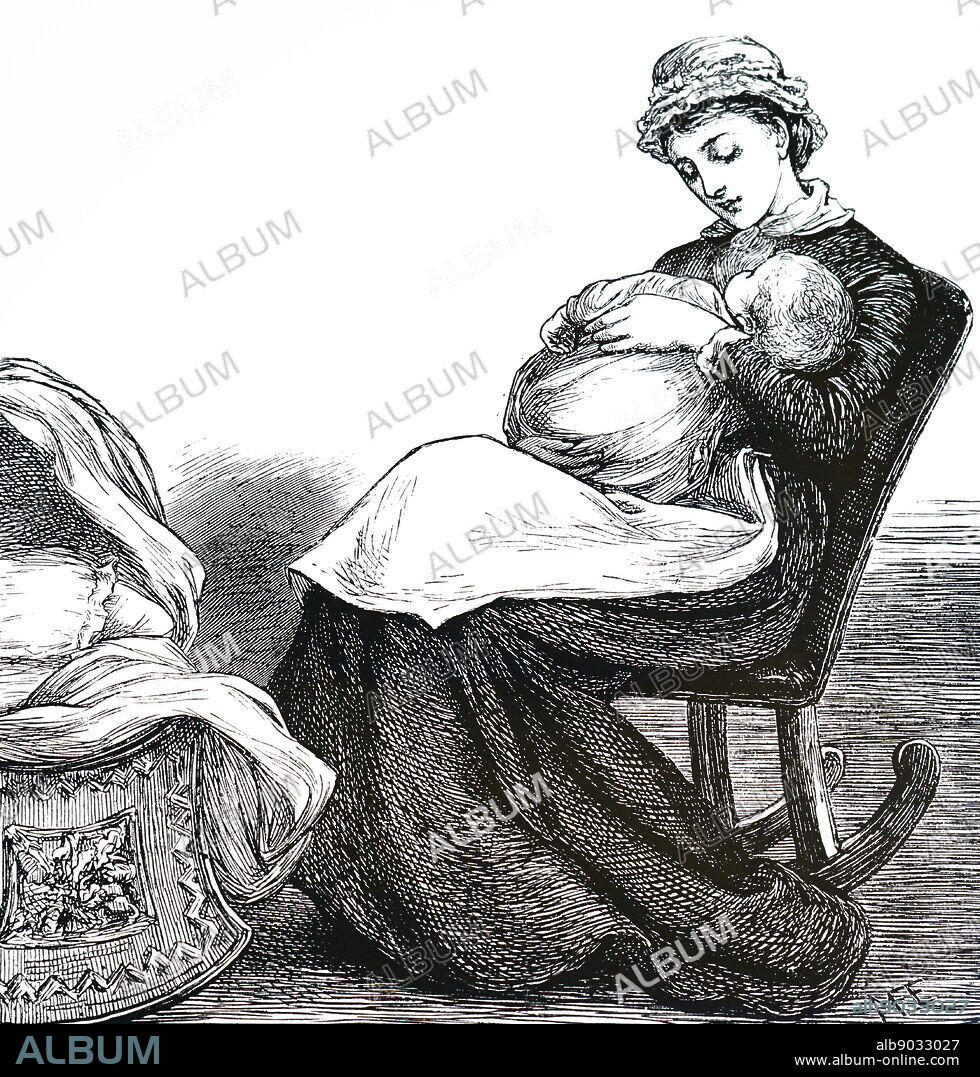 Engraving depicting a mother rocking her baby to sleep as she sits in a rocking chair. Illustrated by Mary Ellen Edwards.