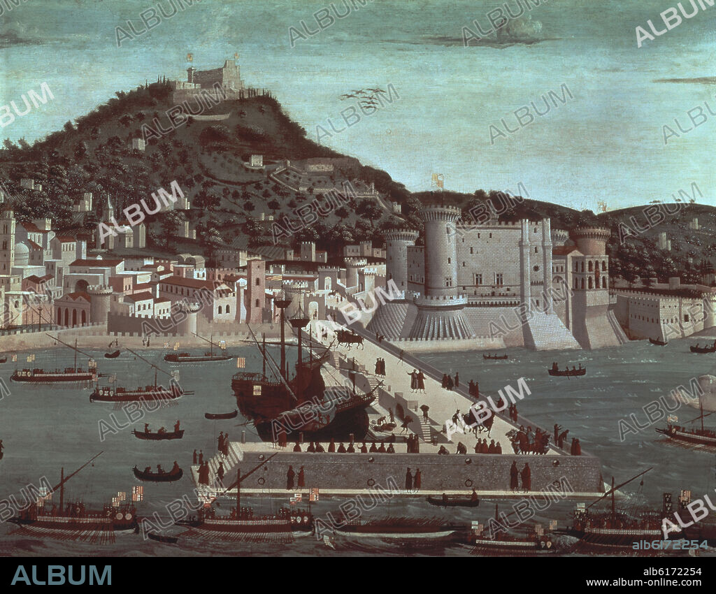 FRANCESCO PAGANO. TAVOLA STROZZI-S XV-FLOTA DE FERNANDO I DE NAPOLES/ALFONSO V DE ARAGON REGRESA DE LA BATALLA DE ISCHIA CONTRA JUAN DUQUE DE CALABRIA Y LORENA (CONJ Nº.