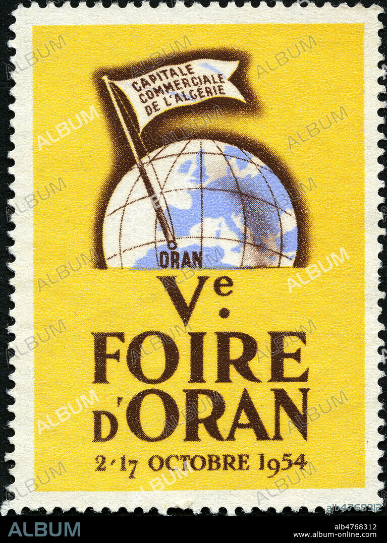 '5eme foire d'Oran'. Vignette publicitaire de 1954. Illustration anonyme. Credit : Collection IM/KHARBINE-TAPABOR.