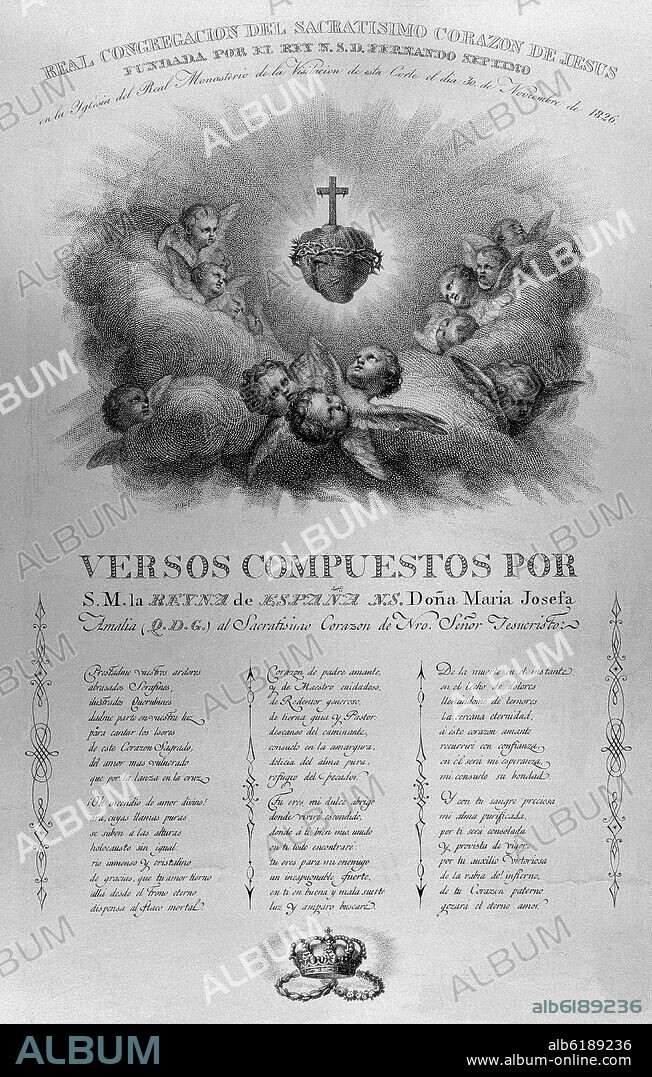 VERSOS COMPUESTOS POR LA REINA MARIA JOSEFA AMALIA AL SAGRADO CORAZON DE JESUS - GRABADO SIGLO XIX.