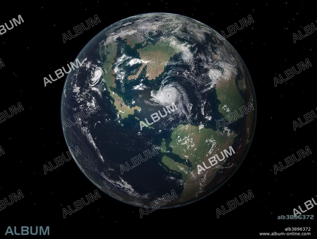 This is how the western hemisphere of the Earth may have appeared 90 million years ago during the Late Cretaceous period.. . During this period continental drift, driven by the massive forces of plate tectonics, had broken the supercontinent of Pangea into Laurasia in the north and Gondwana in the south. With a climate much warmer than today's there were no frozen polar caps and the resulting high ocean levels submerged a third of today's landmasses under warm shallow seas creating numerous waterways and island continents.. . In this image much of the incipient North American continent is divided by the Western Interior Seaway, the Isthmus of Panama is submerged by the Proto-Caribbean Sea, and the Pacific Ocean is making an incursion into South America.