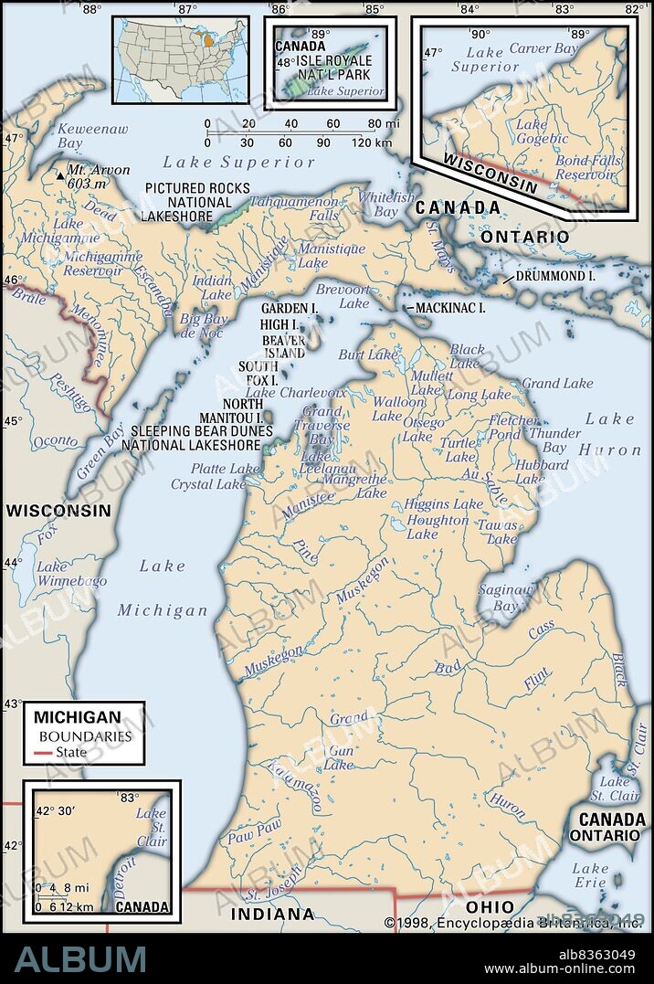 Physical map of Michigan.