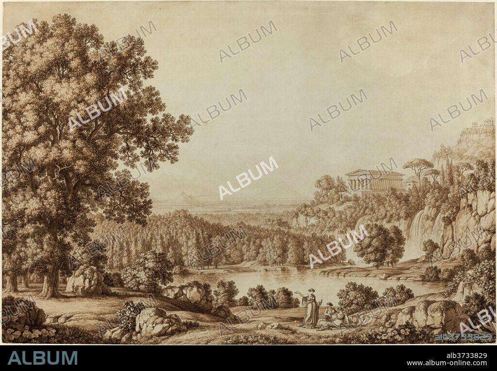CHRISTOPH HEINRICH KNIEP. Arcadian Landscape with a Doric Temple. Dated: 1790s. Dimensions: overall: 39.2 x 56.5 cm (15 7/16 x 22 1/4 in.). Medium: pen and brown ink and brown wash over graphite on laid paper.