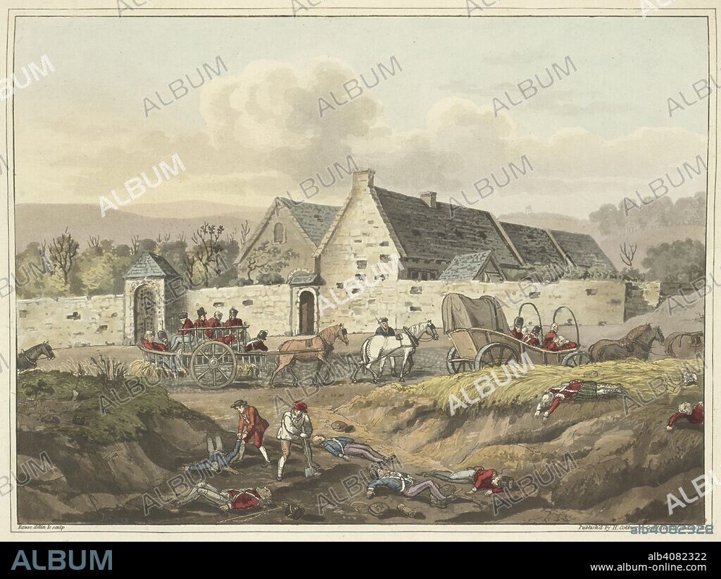 JAMES ROUSE and WILLIAM MUDFORD. The farm of La Haye Sainte. Bodies of dead soldiers being gathered and loaded onto a cart. An Historical Account of the Campaign in the Netherlands, in 1815, under His Grace the Duke of Wellington, and Marshal Prince Blucher, comprising the battles of Ligny, Quatrebras, and Waterloo; with a detailed narrative of the political events connected with those memorable conflicts down to the surrender of Paris, and the departure of Bonaparte for St. Helena ... Embellished with ... plates ... from drawings ... by James Rouse. London : Henry Colburn, 1817. Source: 193.e.9 Plate XII - K.