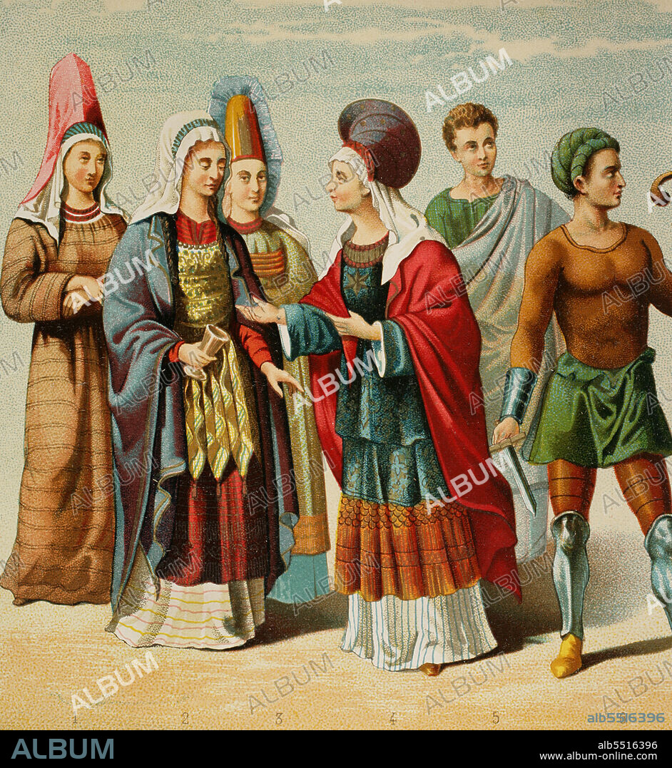 Península Ibérica. Historia Antigua. Fenicios. Figuras 1 a 5: ilustraciones inspiradas a partir de antigüedades procedentes del Cerro de los Santos. Figura 6: fenicio a partir de una lamparilla existente en el Museo de Tarragona. Cromolitogafía. Historia General de España, por Modesto Lafuente. Tomo I. Editada en Barcelona, 1877.