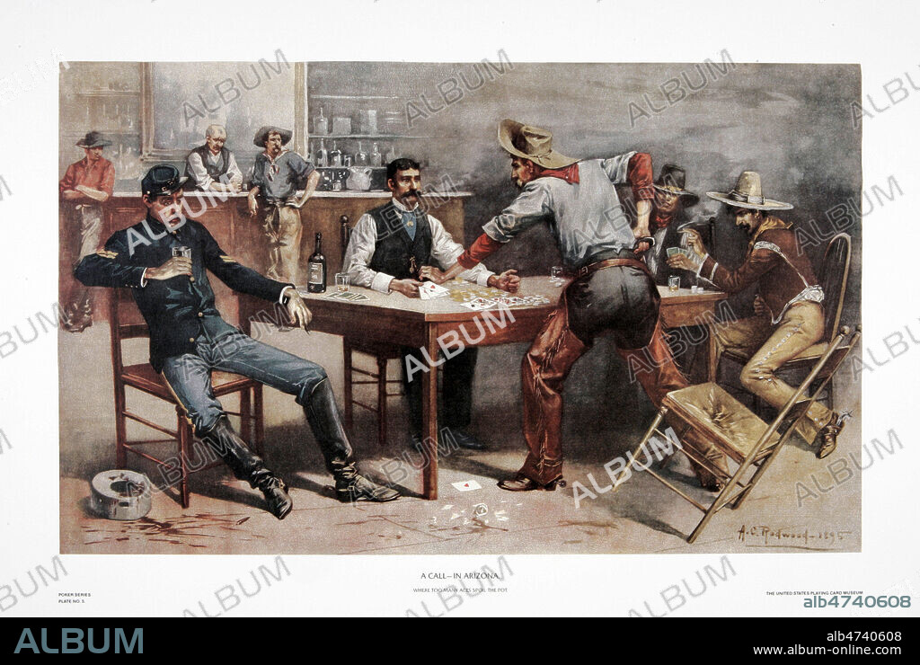 Jeu de carte (poker ? ) dans un saloon aux Etats Unis, dispute entre des cow-boys. Peinture de A.C. Redwood, 1895. 19eme siecle. Collection privee. Credit MIGNY/KHARBINE TAPABOR.