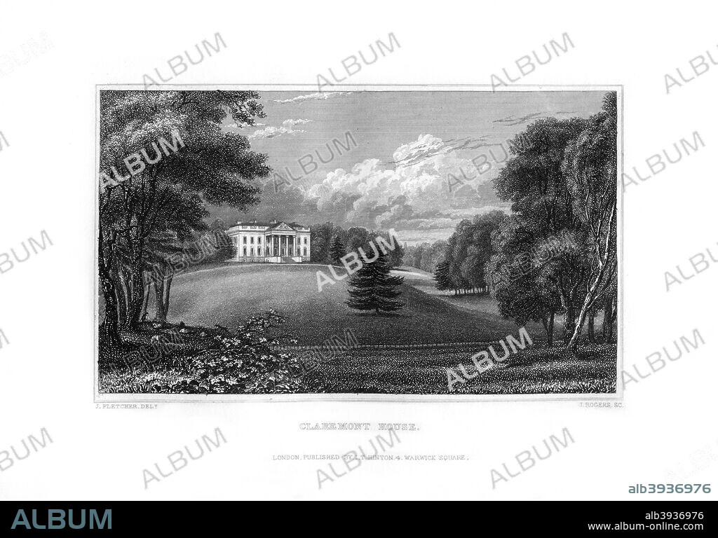 Claremont House, Esher, Surrey, 1829. Claremont is an 18th century Palladian mansion built for Robert Clive (Clive of India). In 1816 the estate was purchased by the nation as a wedding gift for Princess Charlotte, daughter of King George IV, and Prince Leopold of Saxe-Coburg, the future King of Belgium.