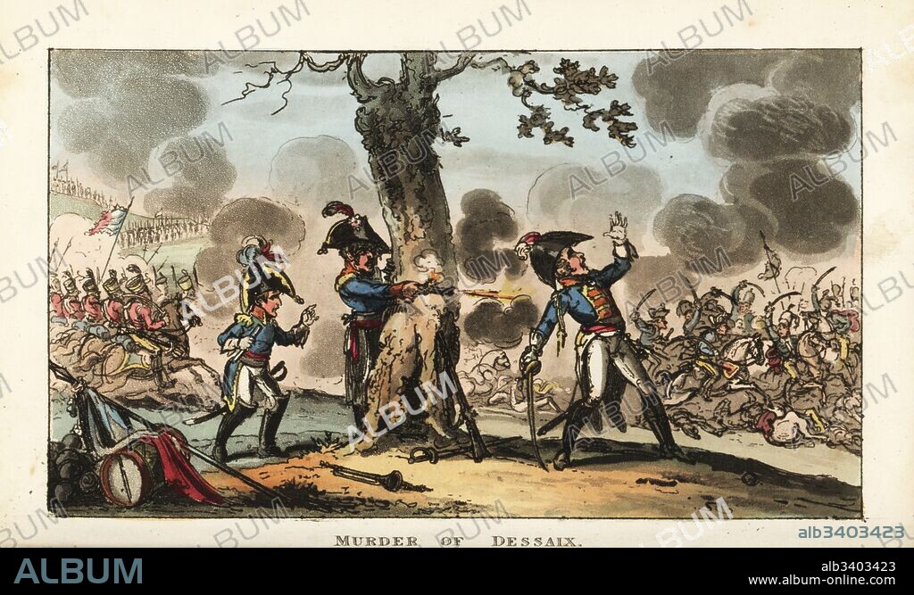 Napoleon Bonaparte ordering the murder of General Louis Desaix by his own aide-de-camp Anne Jean Marie Rene Savary at the Battle of Marengo, 1800. Handcoloured copperplate engraving by George Cruikshank from The Life of Napoleon a Hudibrastic Poem by Doctor Syntax, T. Tegg, London, 1815.