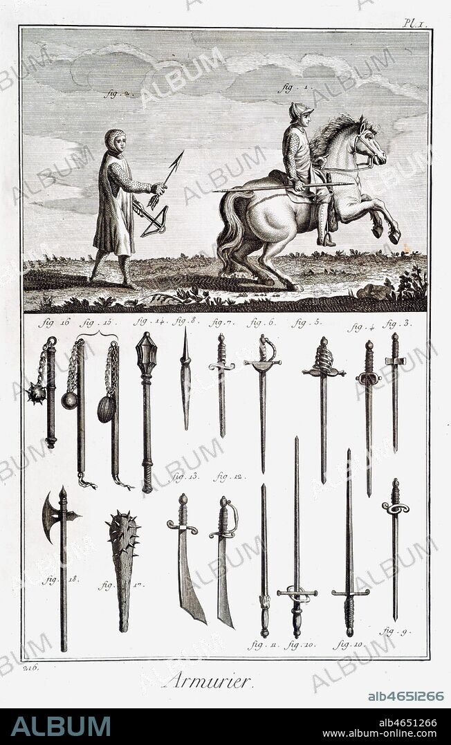 Armurier : armure des anciens francais. Estradiot a cheval avec son arzegaye (lance) qu'il tient de la main droite. Il porte des manches et des gantelets de maille ainsi qu'une soubreveste. A l'arson de sa selle pend une massue ou masse d'arme. Les estradiots appartenaient a la cavalerie legere. A gauche, un fantassin arbaletrier vetu d'un robe sans manche assez semblable a une cote d'arme, sa fleche et son arbalete a la main. En bas, detail des differentes epees, poignards et massues. Gravure tiree d'une planche de l'encyclopedie DIDEROT ET D'ALEMBERT (ou dictionnaire raisonne des sciences, des arts et des metiers, recueillis des meilleurs auteurs...),1751-1772. Credit : Collection Mx/Kharbine-Tapabor.