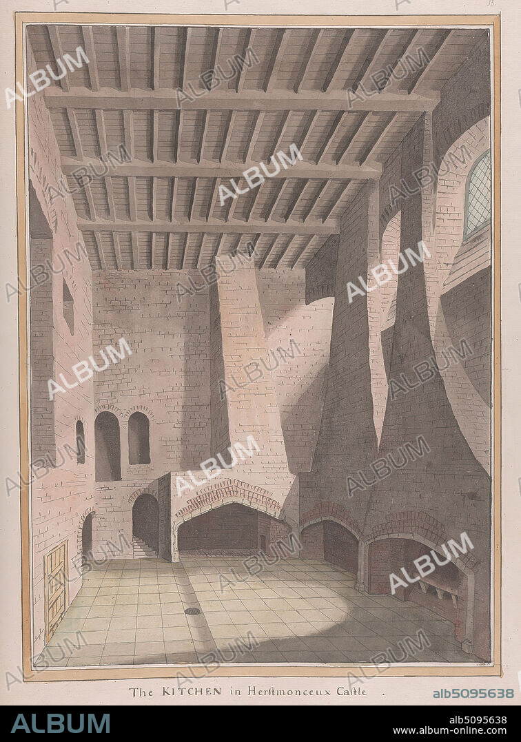 Herstmonceux Castle, East Sussex: The Kitchen, James Lambert of Lewes, 17251788, British, undated, Graphite and watercolor within triple-ruled and wash border on moderately thick, moderately textured, cream laid paper, Sheet: 25 1/4 x 18 5/8 inches (64.1 x 47.3 cm), architectural subject, castle, drains, fireplace, interior, kitchen, leaded lights, stairs, East Sussex, England, Europe, Herstmonceux, United Kingdom.