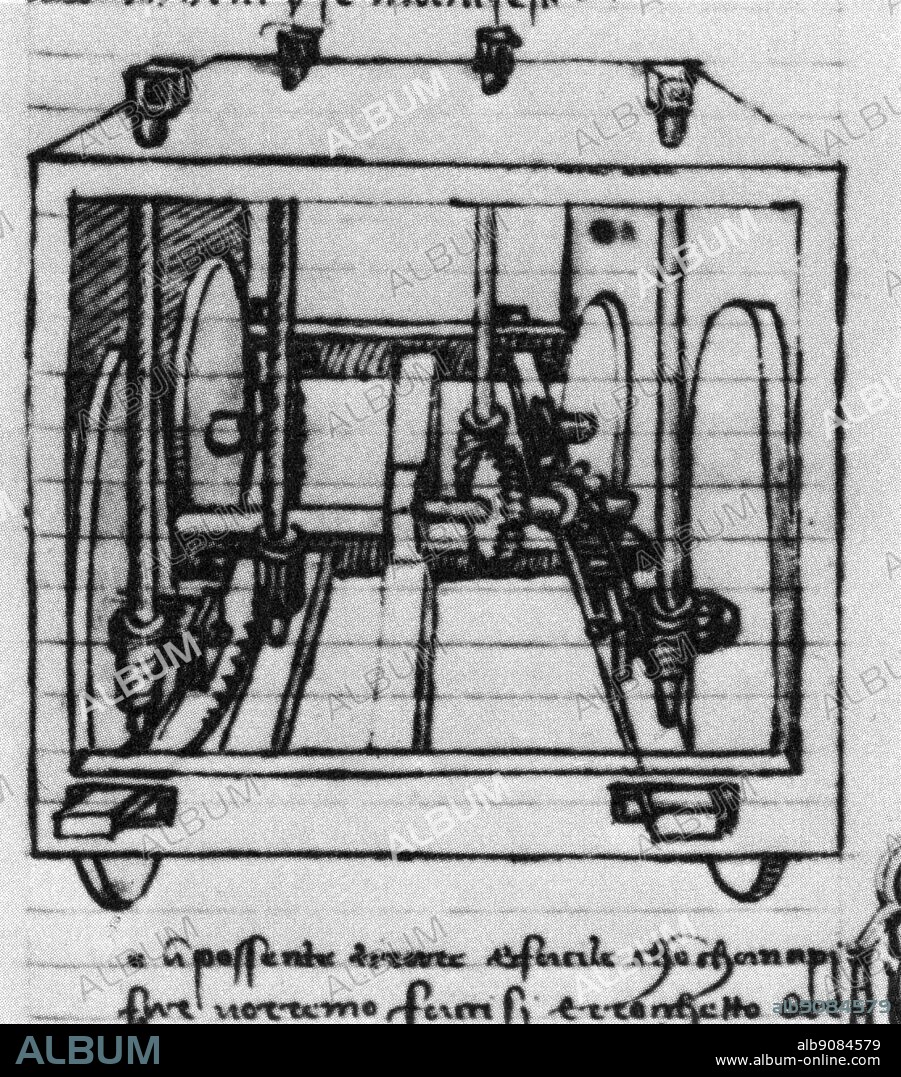Rack and pinion steering but the power unit is man-power, turning capstans.  Leonardo da Vinci (1452-1519) was an Italian Renaissance architect,  musician, anatomist, invent - Album alb9084579