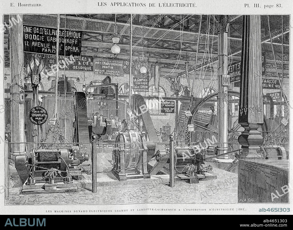'Les machines dynamo-electriques GRAMME (1826-1901) et LAMBOTTE-LACHAUSSEE' a l'exposition internationale d'electricite, Palais de l'Industrie, Paris, 1881. Gravure par POYET tiree de l'ouvrage 'Les principales applications de l'electricite' par E. HOSPITALIER, en 1882. Credit : Collection KHARBINE-TAPABOR.