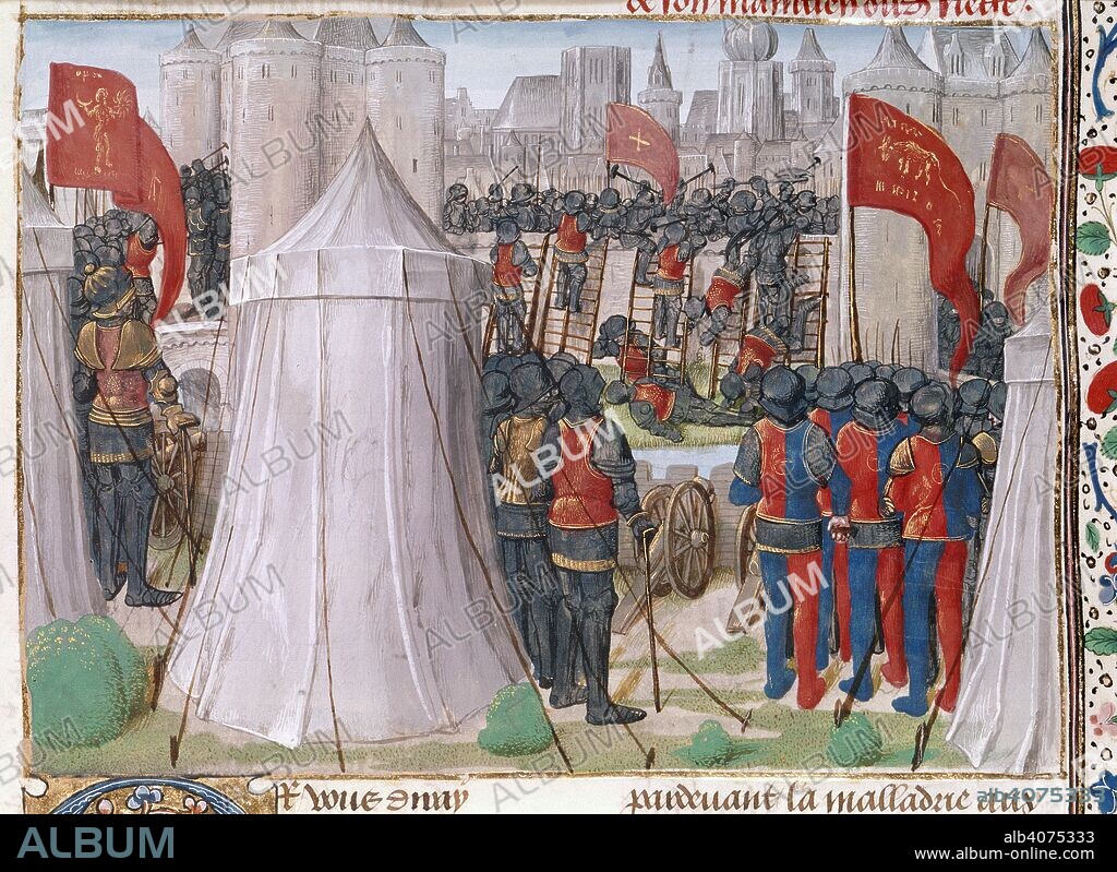 Siege of Jerusalem by Saladin. Chronique d'Ernoul et de Bernard le TrÃ©sorier. S. Netherlands (Bruges); late 15th century. (Miniature) Saladin attacks Jerusalem with armoured troops, using scaling ladders and cannon.  Image taken from Chronique d'Ernoul et de Bernard le TrÃ©sorier.  Originally published/produced in S. Netherlands (Bruges); late 15th century. . Source: Royal 15 E. I, f.438. Language: French.