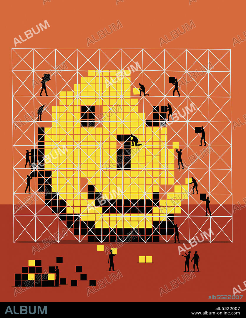 People working together to build pixel smiley face.