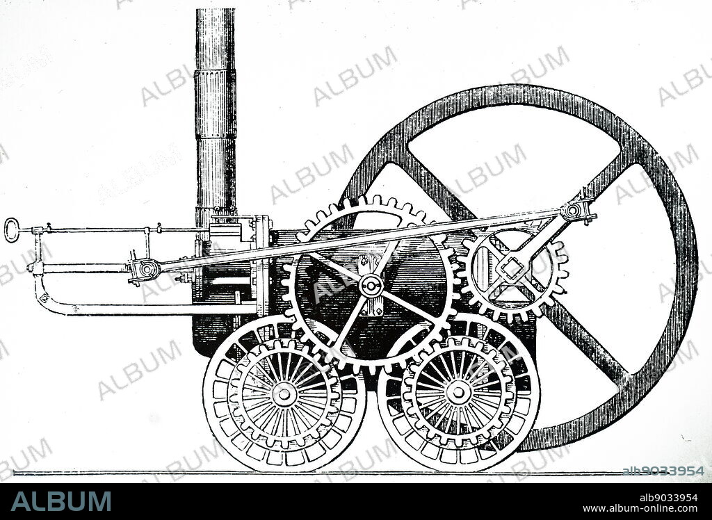 Engraving depicting Richard Trevithick's high pressure tram engine, built in the blacksmith's shop of Penydarren iron works in 1803. Richard Trevithick (1771-1833) a British inventor and mining engineer from Cornwall, England. Dated 19th century.