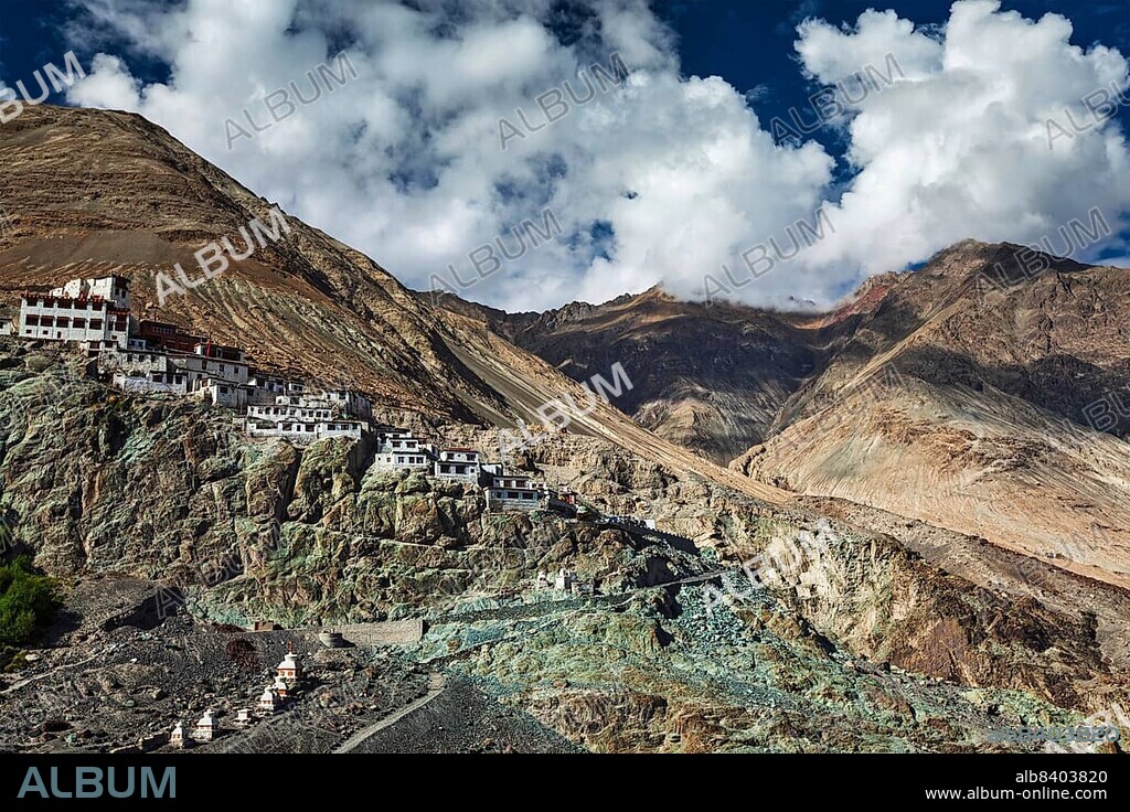 Diskit Gompa (Tibetan Buddhist monastery) is the oldest and largest Buddhist monastery (gompa) in the Nubra Valley in Himalayas. Ladakh, India, Asia.