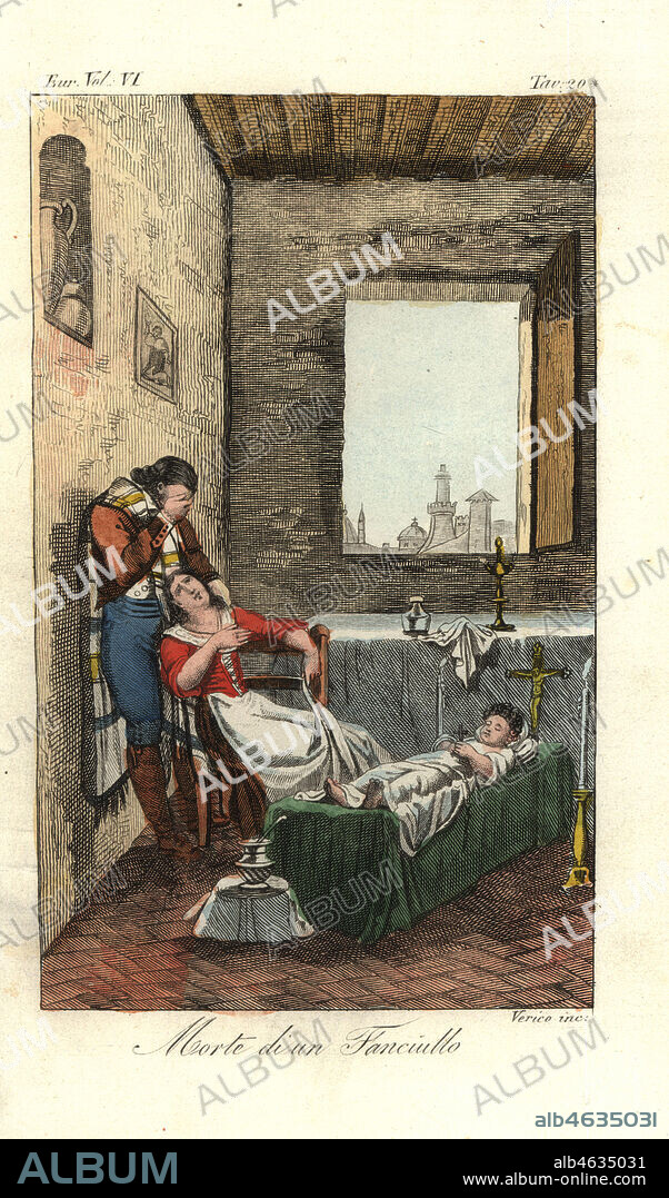 Spanish parents grieving over the corpse of a child. Dead child laid out on an altar with crucifix and candles in a mall room. Morte diun Fanciullo. Handcoloured copperplate engraving by Verico after Giulio Ferrario in his Costumes Ancient and Modern of the Peoples of the World, Il Costume Antico e Modern o Story, Florence, 1829.