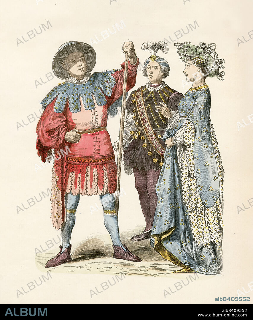 German Fashion, mid 1400, Illustration, The History of Costume, Braun & Schneider, Munich, Germany, 1861-1880.