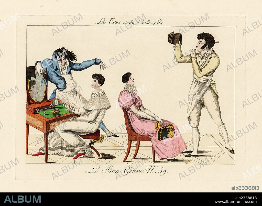 Two women at the hairdressers receiving the short haircut called the Titus (after the Roman emperor), while a stylist holds up a cache-folie wig. Handcoloured engraving from Pierre de la Mesangere's Le Bon Genre, Paris, 1817.