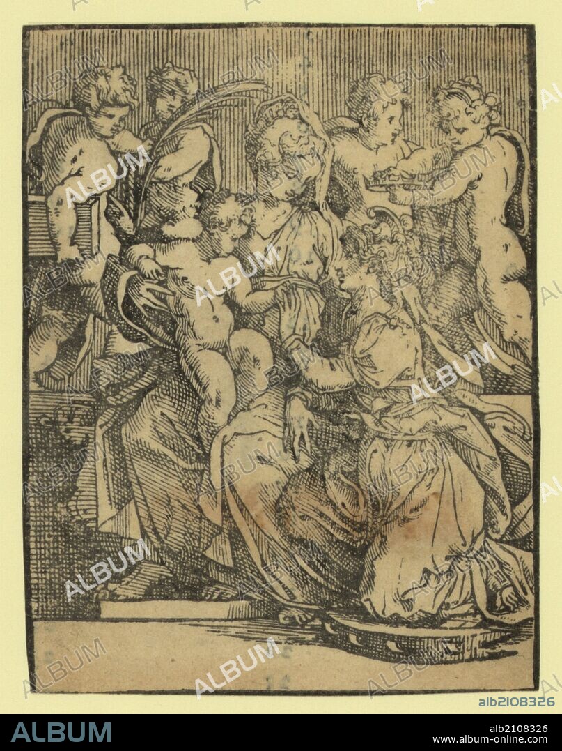 The marriage of St. Catherine, between ca. 1500 and 1700, chiaroscuro woodcut, Print shows St. Catherine kneeling next to the infant Jesus seated on his mother's lap. Jesus gives Catherine a ring.