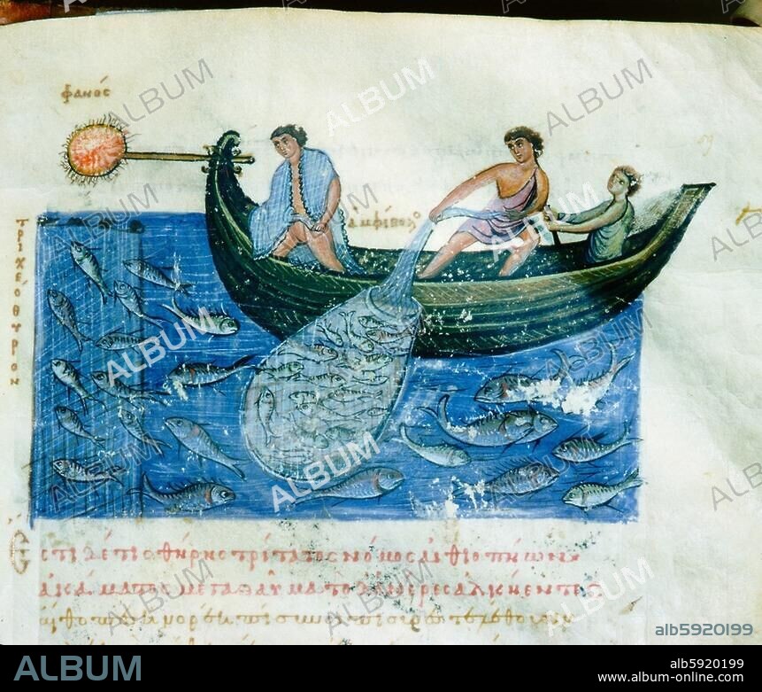 A miniature from a manuscript of the Cynegetica of the Pseudo-Oppian, cod. gr. 479. fol. 59. r. Three men catch fish in a net, presumably at night, as a light is fixed to the boat's stern. Country of Origin: Greece Culture: Byzantine. Date / Period: 11th century. (..).