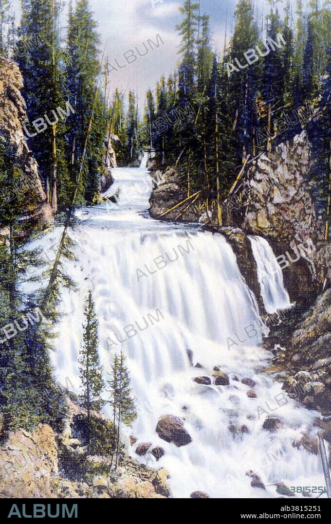 Postcard of Kepler Cascades on the Firehole River photographed by Frank J. Haynes, no date. Kepler Cascades is a waterfall on the Firehole River. The cascades are located approximately 2.5 miles south of Old Faithful. The cascades drop approximately 150 feet over multiple drops. The longest drop is 50 feet. The cascades are located very near to and visible from the Old Faithful to West Thumb road. Yellowstone National Park is a national park located primarily in the state of Wyoming, although it also extends into Montana and Idaho. It was established by the U.S. Congress and signed into law by President Ulysses S. Grant on March 1, 1872. Yellowstone, widely held to be the first national park in the world, is known for its wildlife and its many geothermal features.