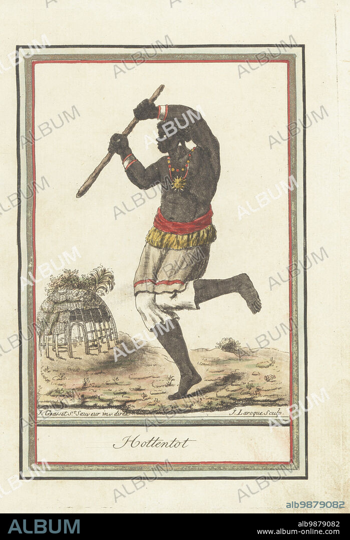 Khoikhoi man dancing with cudgel, wearing a skirt, sun ornament on a collar, earrings and bracelents. In front of a wooden frame house covered with reed mats. Hottentot. Handcoloured copperplate engraving by J. Laroque after a design by Jacques Grasset de Saint-Sauveur from his Encyclopedie des voyages, Encyclopedia of Voyages, Bordeaux, France, 1792.