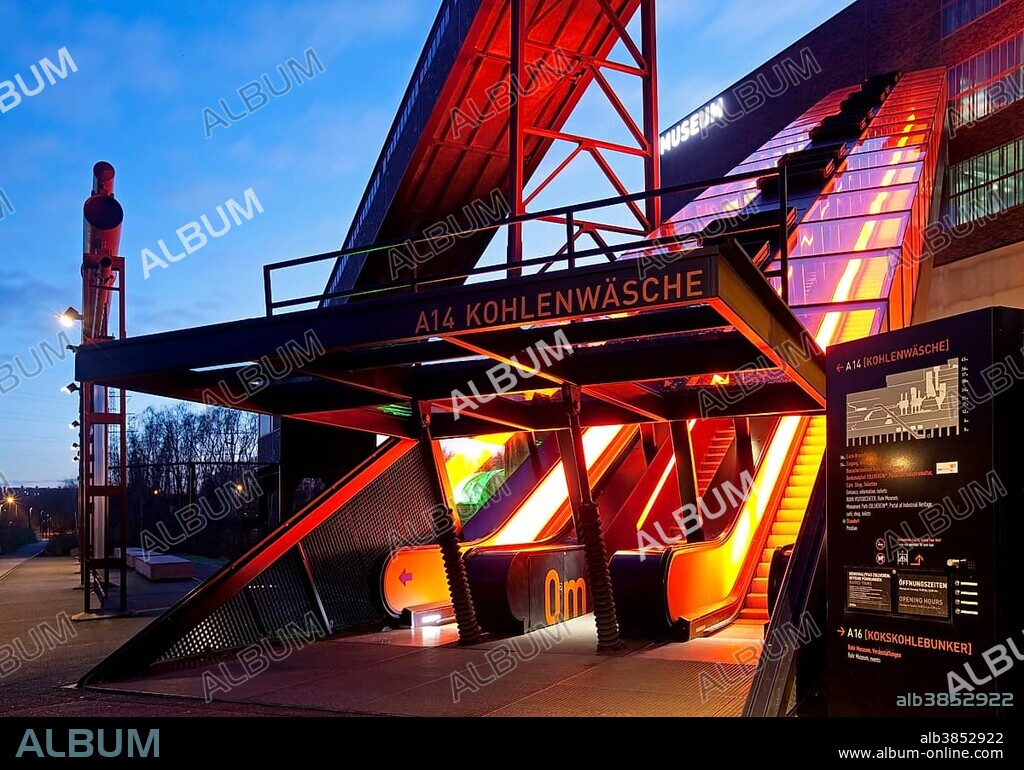 Ruhr Museum, illuminated escalators, Zeche Zollverein, Essen, North Rhine-Westphalia, Germany, Europe.