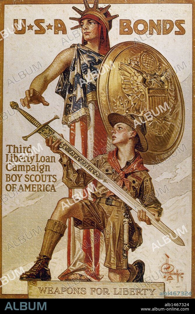 PRIMERA GUERRA MUNDIAL (1914-1918). Cartel "USA BONDS THIRD LIBERTY LOAN CAMPAIGN" (1917), obra de Joseph CHRISTIAN LEYENDECKER (1874-1951), editado por el gobierno de los Estados Unidos de América.