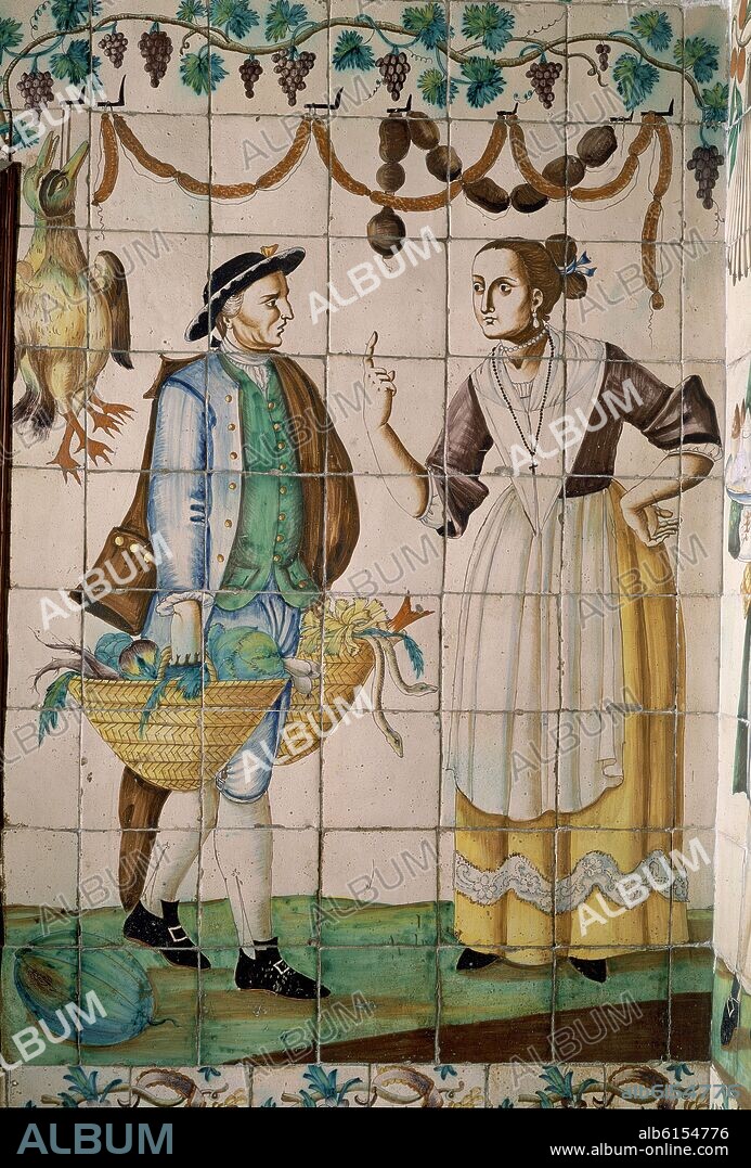 COCINA CON AZULEJOS DE MANISES - SIGLO XVIII -SIRVIENTE Y COCINERA.