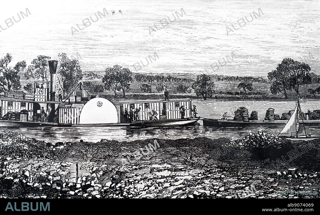 An engraving depicting a paddle steamer on the Murray River, Australia. Dated 19th century.