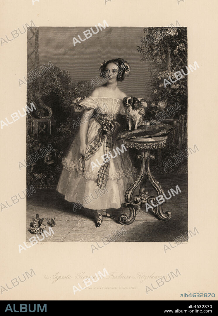 Augusta Georgina Frederica Fitzclarence, daughter of Lord Frederic Fitzclarence, illegitimate son of King William IV. She wears her hair in ringlets and ribbons, and wears an off-the-shoulder dress tied with a sash, holds a King Charles spaniel on a cushion on a table. Steel engraving by H. Robinson after an illustration by Alfred Edward Chalon from Charles Heaths Portraits of the Children of the Nobility, Longmont, London, 1838.