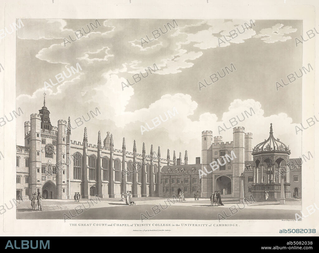 The Great Court and Chapel of Trinity College in the University of Cambridge, Thomas Malton the Younger, 17481804, British, 1798, Aquatint with etched outline on moderately thick, moderately textured, cream, wove paper, Sheet: 21 1/16 × 27 5/16 inches (53.5 × 69.4 cm), Plate: 16 × 21 7/8 inches (40.6 × 55.6 cm), and Image: 14 × 20 1/16 inches (35.6 × 51 cm).