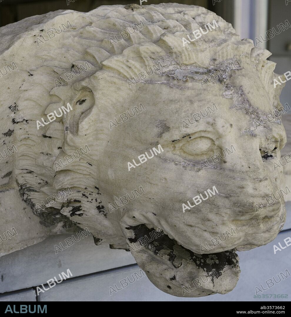 Lion-head waterspout of the Northeast corner of the Parthenon. Marble. 5th century BC. Acropolis of Athens. Greece.