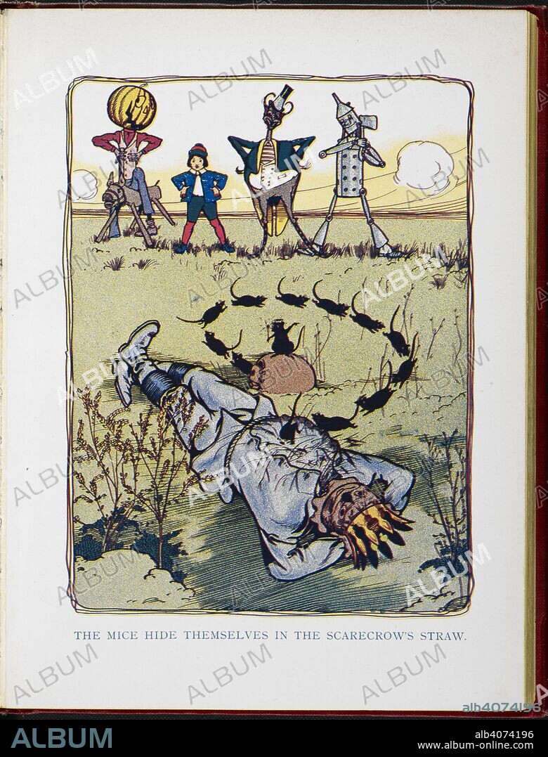 LYMAN FRANK BAUM y JOHN R. NEILL. The mice hide themselves in the scarecrows straw. The Marvelous Land of Oz. Being an account of the further adventures of the Scarecrow and Tin Woodman ... A sequel to the Wizard of Oz ... Pictured by John R. Neill, etc. London : F. H. Revell Co., 1904. Source: 12812.aa.46 opposite page 16.