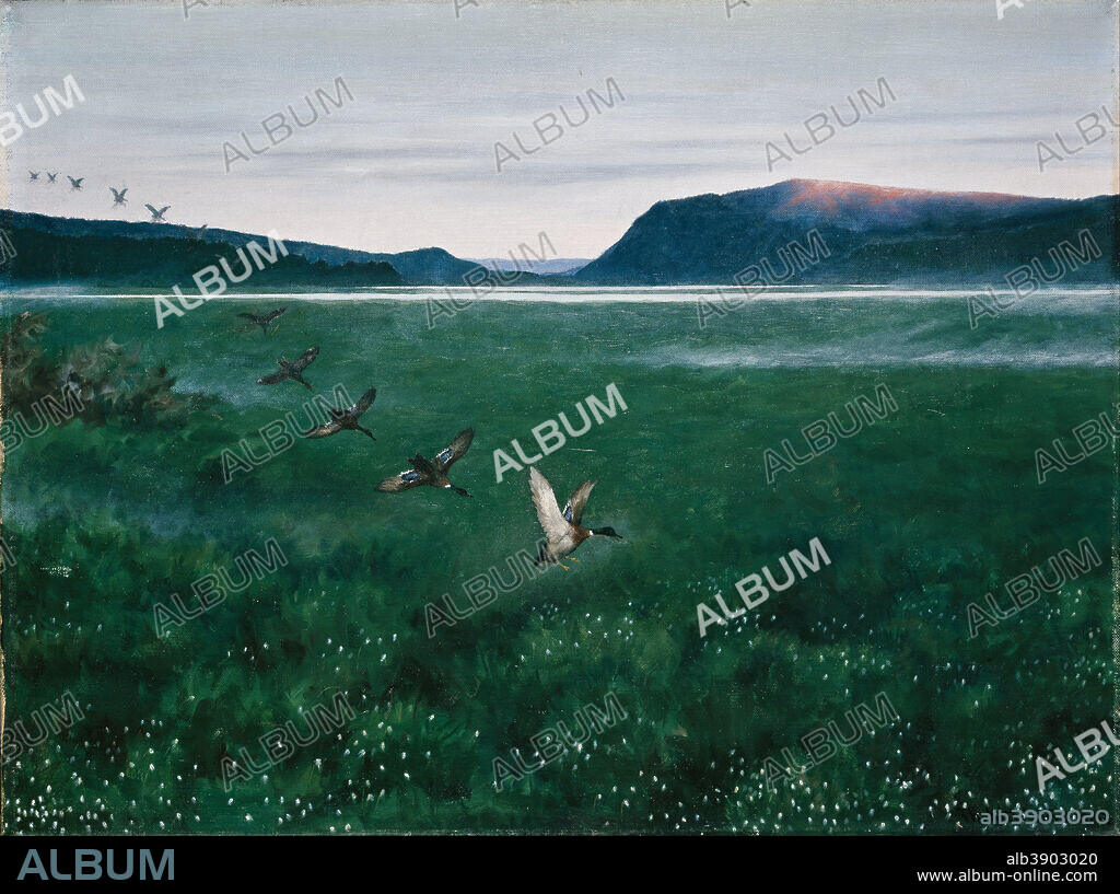 THEODOR KITTELSEN. The twelwe wild Ducks. Date/Period: 1897. Painting. Olje på lerret. Width: 90.5 cm. Height: 68.5 cm.