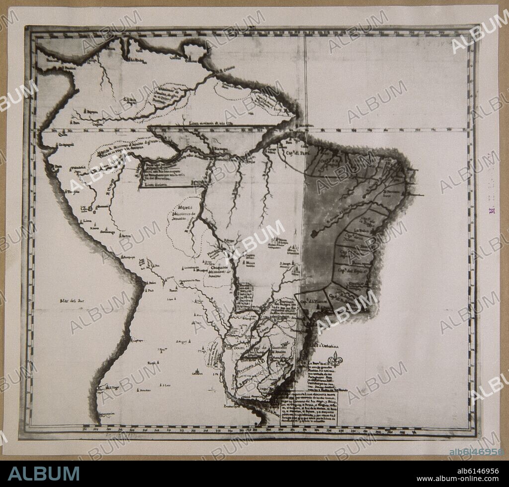 MAPA 1759-DIVISION ENTRE BRASIL Y POSESIONES ESPAÑOLAS-SEGÚN TRATADO DE TORDESILLAS.