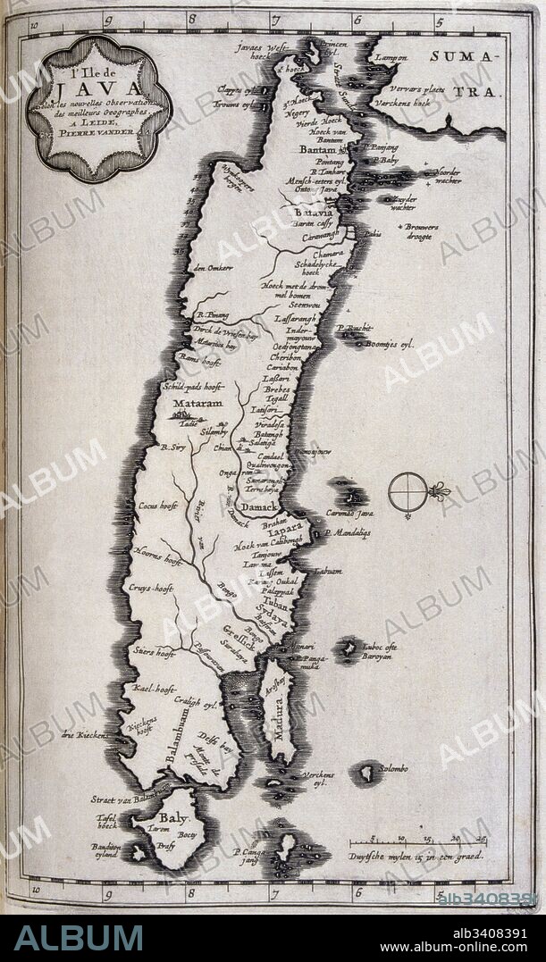 Map of Java in the Dutch East Indies, circa 1680, 17th century. Illustration  from voyages made to Persia and India 1727, by Johan Albrecht de Mandelslo (1616–1644). seventeenth-century German adventurer, who wrote about his travels through Persia and India.